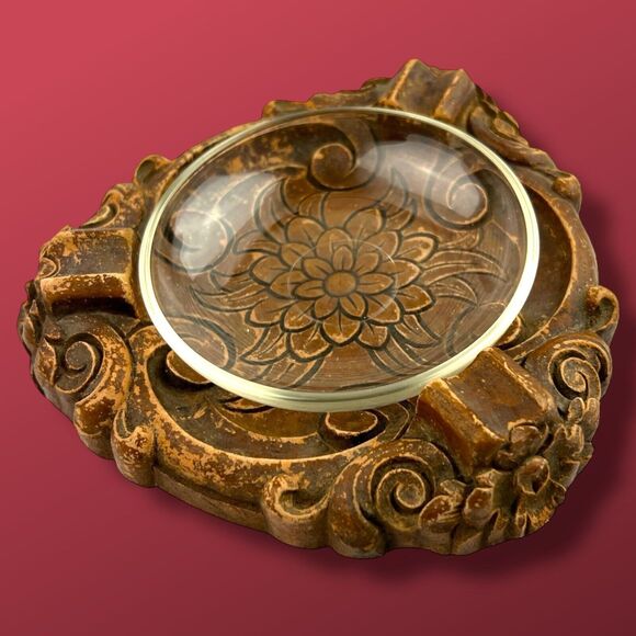 Antique Art Nouveau Floral Wood Glass Ashtray Hand Carved Cottagecore Boho - Picture 5 of 7